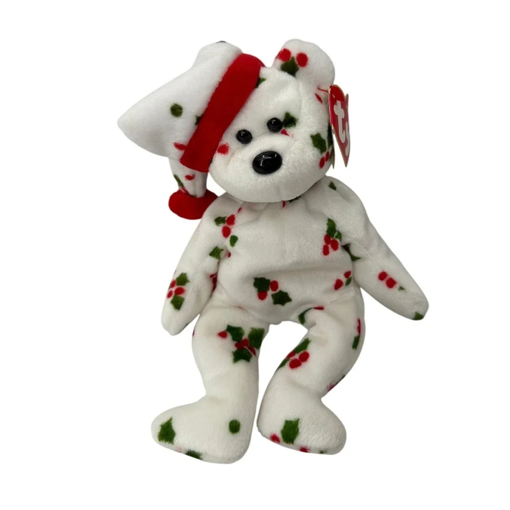 Ty Beanie Baby 1998 Holiday Teddy White Holly Berry Christmas Bear Plush 8.5 in